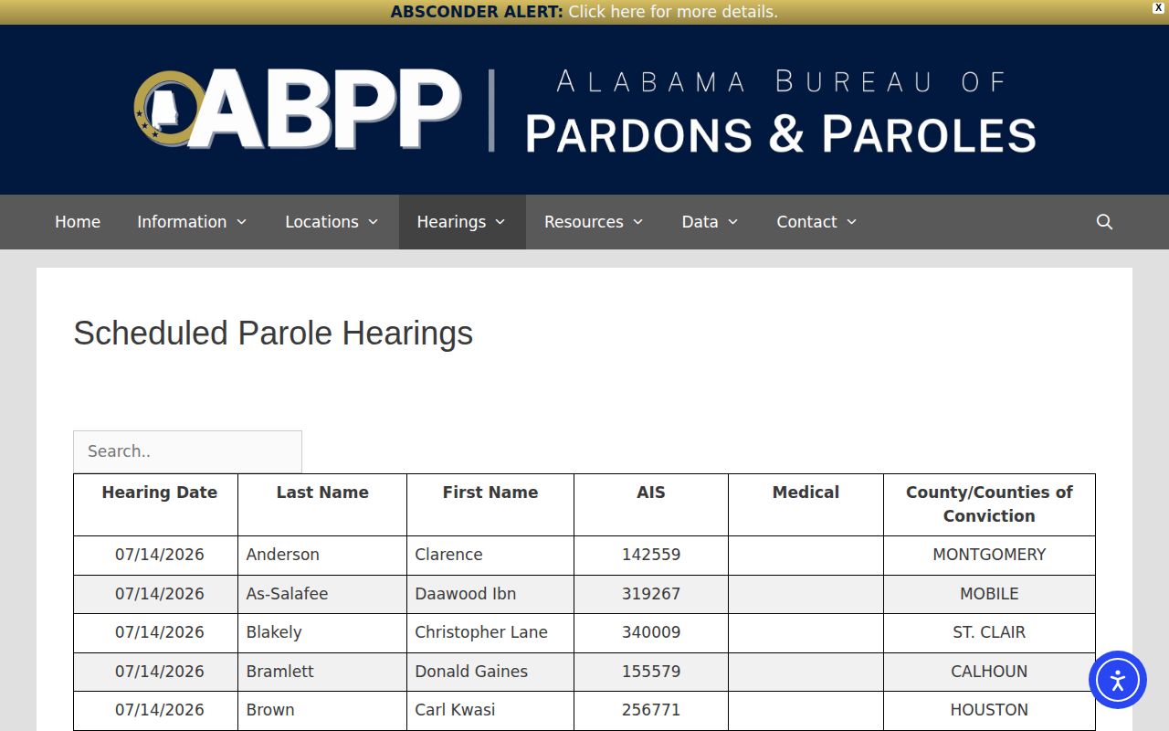Franklin County parole and probation scheduled parole hearings page